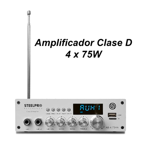 Amplificador de Audio Steelpro AB-4.75HA 4 Canales Bluetooth 300W (4x75W) para Bocinas 8 Ohms