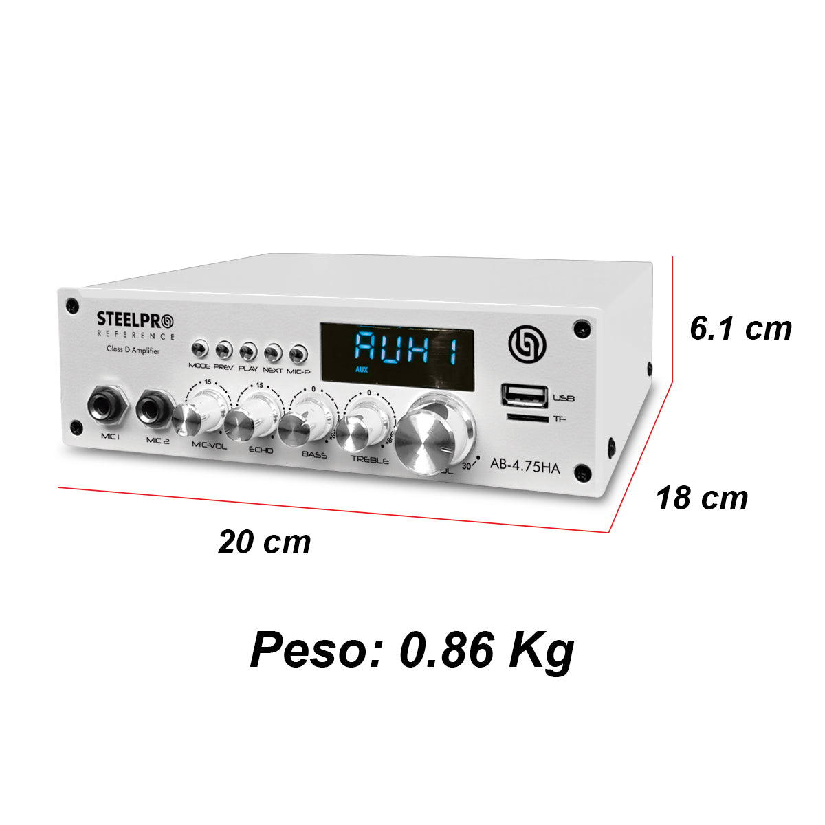 Amplificador de Audio Steelpro AB-4.75HA 4 Canales Bluetooth 300W (4x75W) para Bocinas 8 Ohms