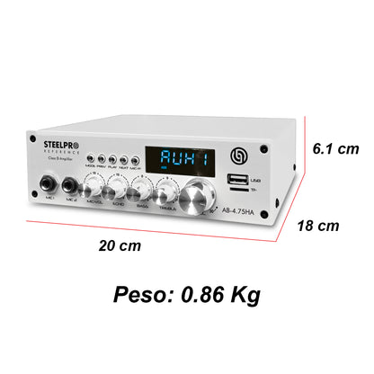 Amplificador de Audio Steelpro AB-4.75HA 4 Canales Bluetooth 300W (4x75W) para Bocinas 8 Ohms