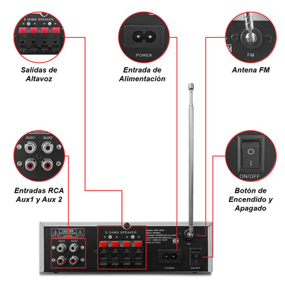 Amplificador de Audio Steelpro AB-4.75HA 4 Canales Bluetooth 300W (4x75W) para Bocinas 8 Ohms