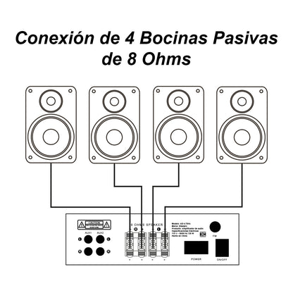 Amplificador de Audio Steelpro AB-4.75HA 4 Canales Bluetooth 300W (4x75W) para Bocinas 8 Ohms