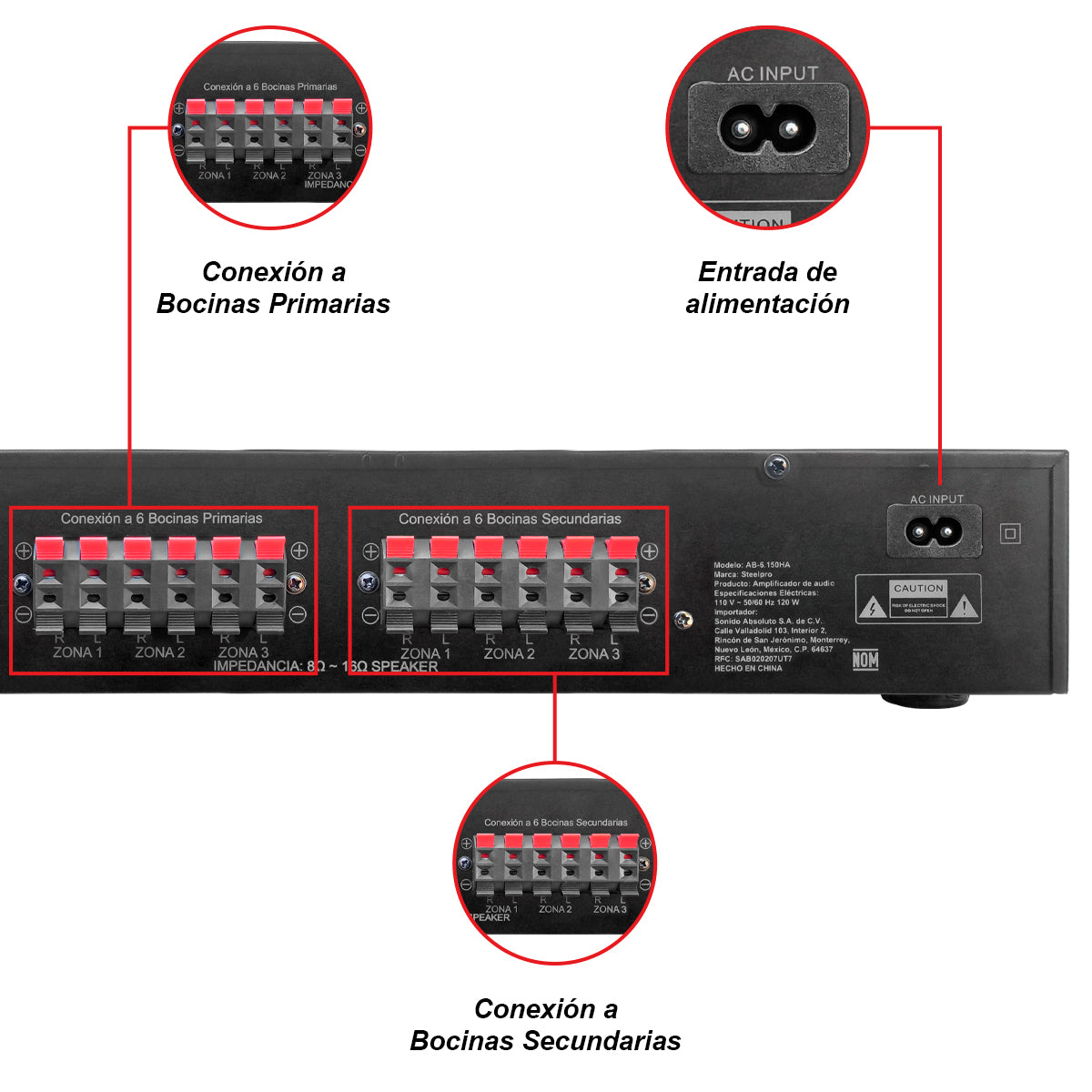 AB-6.150HA Amplificador de Audio 12 Canales Bluetooth 900W (6x150W) con Selector de Zonas 1/2/3 para Bocinas 8 Ohms Steelpro