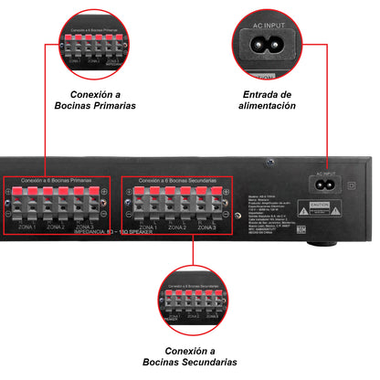 AB-6.150HA Amplificador de Audio 12 Canales Bluetooth 900W (6x150W) con Selector de Zonas 1/2/3 para Bocinas 8 Ohms Steelpro