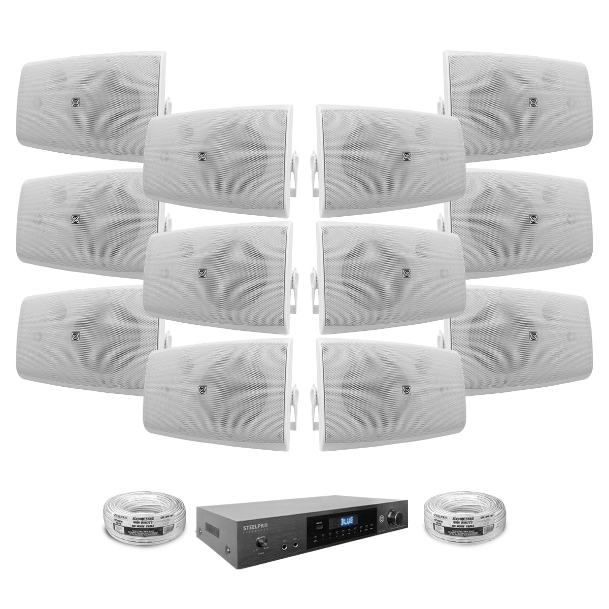 KIT2-AB680X12-WTH Kit Audio Ambiental Amplificador Clase D 12 Canales Bluetooth ARC USB-DAC 12 Bocinas Ambientales 8 Pulgadas 100W RMS Incluye 100 Metros de Cable Steelpro