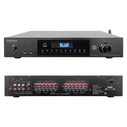 KIT2-AB680X12-BLK Kit Audio Ambiental Amplificador Clase D 12 Canales Bluetooth ARC USB-DAC 12 Bocinas Ambientales Negras 8 Pulgadas Incluye 100 Metros de Cable Steelpro