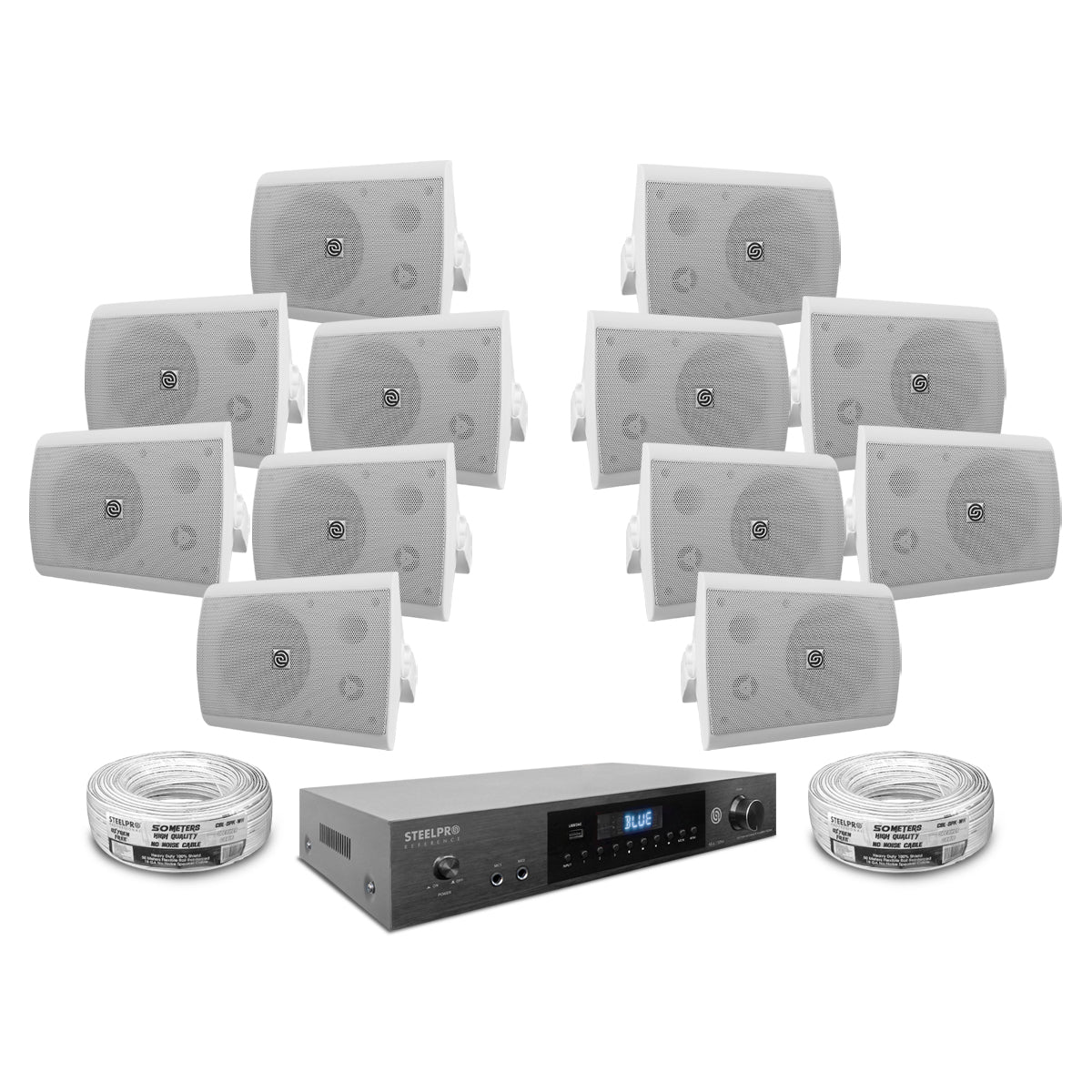 KIT2-AB665X12-WTH Kit Audio Ambiental Amplificador Clase D 12 Canales Bluetooth ARC USB-DAC 12 Bocinas Ambientales Blancas 6.5 Pulgadas Incluye 100 Metros de Cable Steelpro
