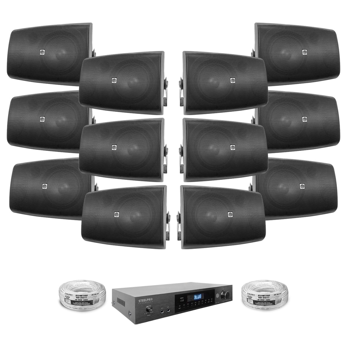 KIT2-AB680X12-BLK Kit Audio Ambiental Amplificador Clase D 12 Canales Bluetooth ARC USB-DAC 12 Bocinas Ambientales Negras 8 Pulgadas Incluye 100 Metros de Cable Steelpro