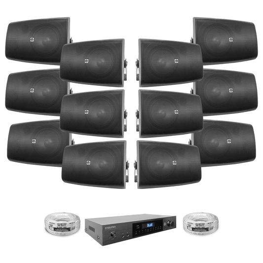KIT2-AB680X12-BLK Kit Audio Ambiental Amplificador Clase D 12 Canales Bluetooth ARC USB-DAC 12 Bocinas Ambientales Negras 8 Pulgadas Incluye 100 Metros de Cable Steelpro