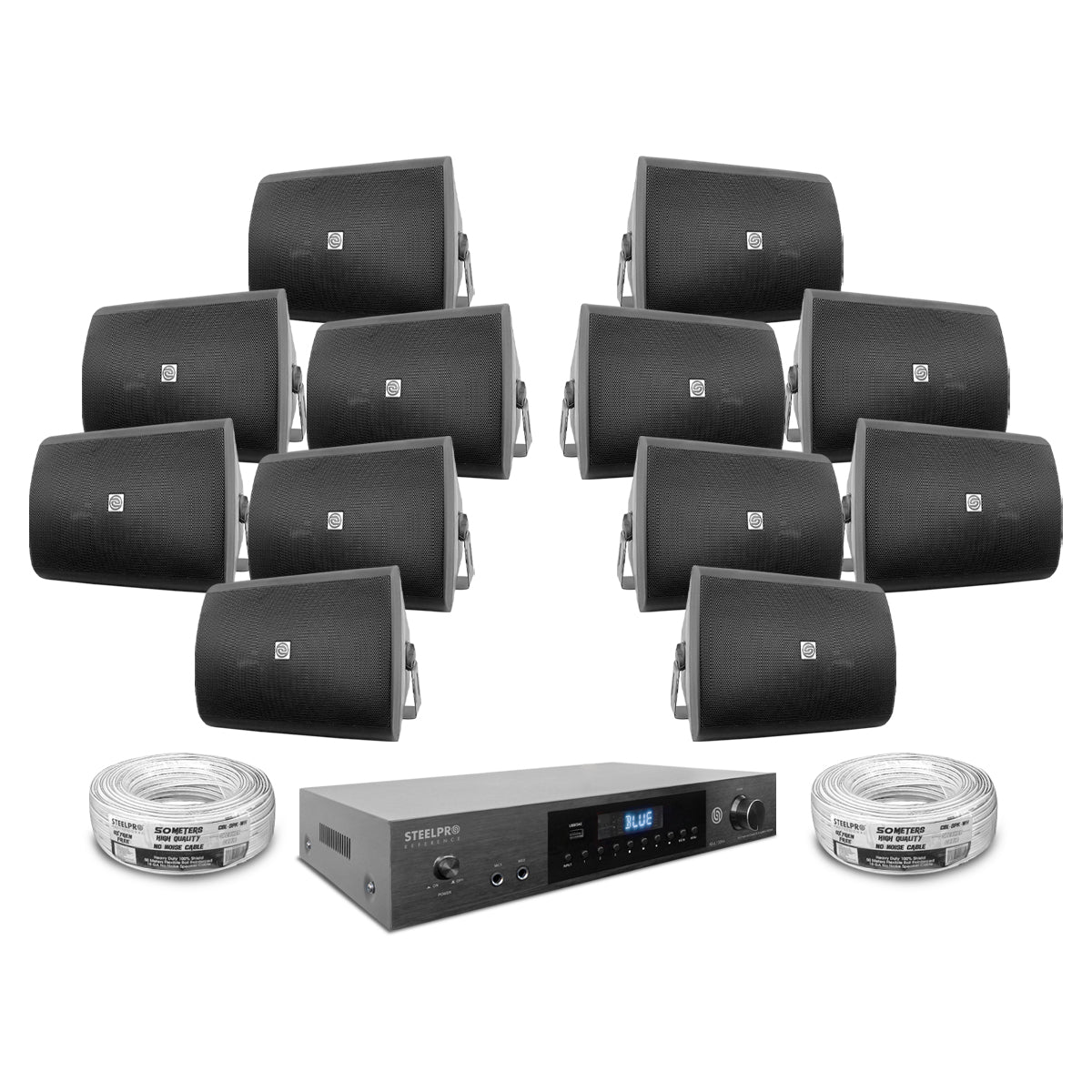 KIT2-AB665X12-BLK Kit Audio Ambiental Amplificador Clase D 12 Canales Bluetooth ARC USB-DAC 12 Bocinas Ambientales Negras 6.5 Pulgadas Incluye 100 Metros de Cable Steelpro