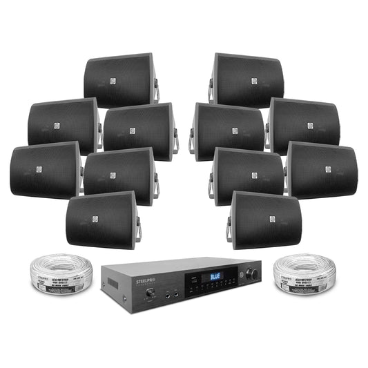 KIT2-AB665X12-BLK Kit Audio Ambiental Amplificador Clase D 12 Canales Bluetooth ARC USB-DAC 12 Bocinas Ambientales Negras 6.5 Pulgadas Incluye 100 Metros de Cable Steelpro