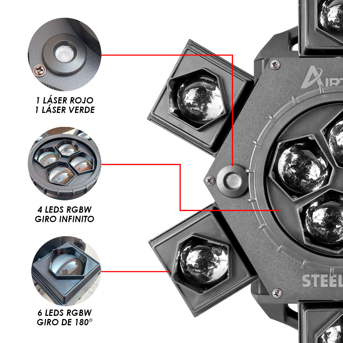 Cabeza Móvil Beam Giratorio Led Rgbw Con Laser Steelpro Modelo Airtrek 110v
