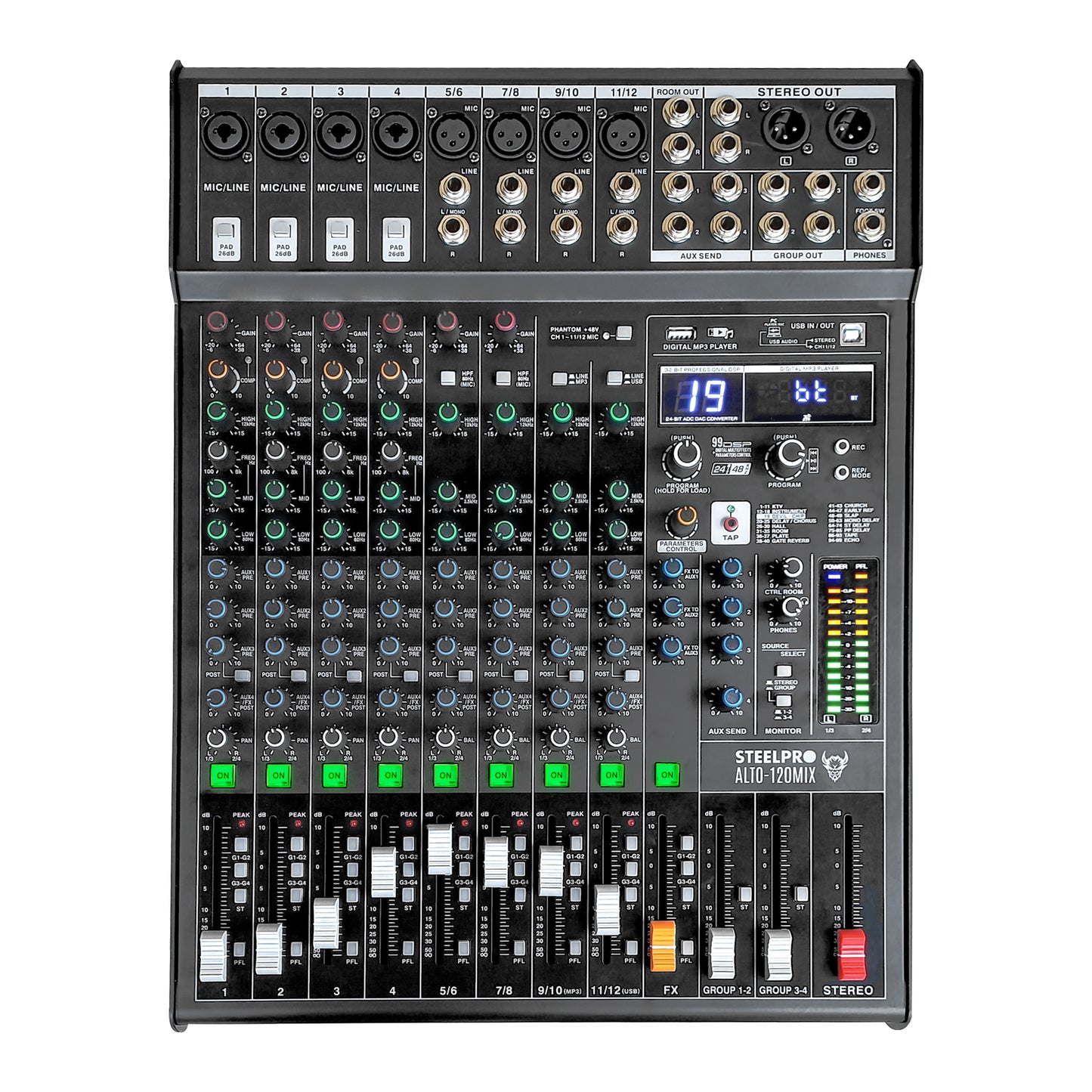 ALTO-120MIX Mezcladora Profesional 12 Canales Bluetooth USB MP3 DSP Conexión a PC 99 Efectos Ecualizador 3 Bandas Compresor PFL XLR Sonido En Vivo Steelpro