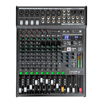 ALTO-120MIX Mezcladora Profesional 12 Canales Bluetooth USB MP3 DSP Conexión a PC 99 Efectos Ecualizador 3 Bandas Compresor PFL XLR Sonido En Vivo Steelpro