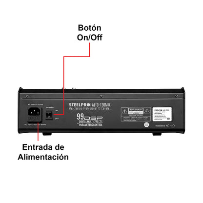ALTO-120MIX Mezcladora Profesional 12 Canales Bluetooth USB MP3 DSP Conexión a PC 99 Efectos Ecualizador 3 Bandas Compresor PFL XLR Sonido En Vivo Steelpro