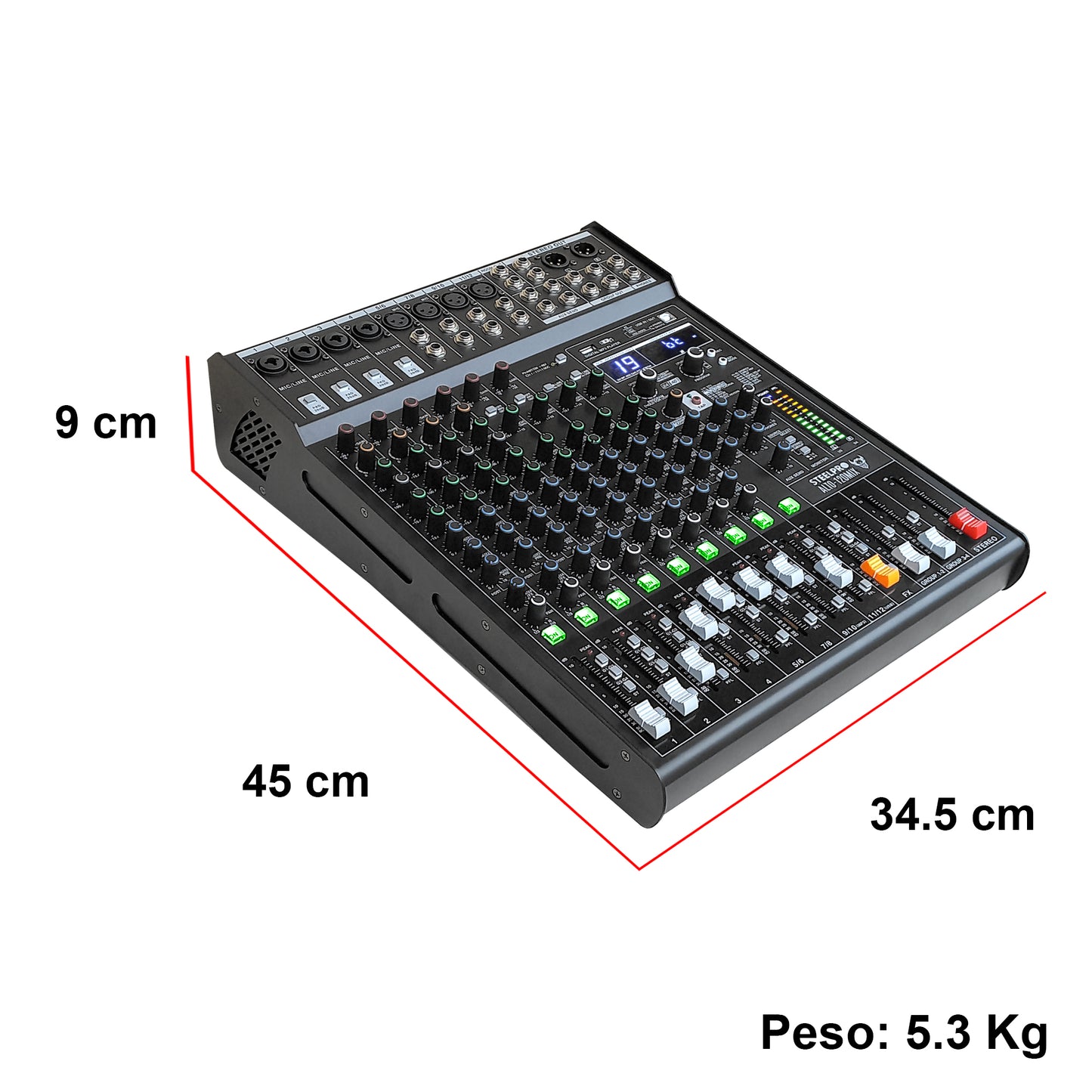 ALTO-120MIX Mezcladora Profesional 12 Canales Bluetooth USB MP3 DSP Conexión a PC 99 Efectos Ecualizador 3 Bandas Compresor PFL XLR Sonido En Vivo Steelpro