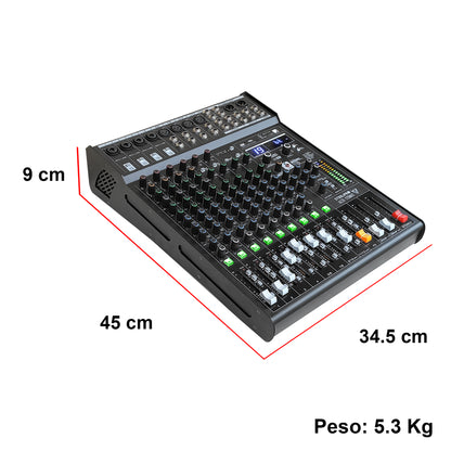 ALTO-120MIX Mezcladora Profesional 12 Canales Bluetooth USB MP3 DSP Conexión a PC 99 Efectos Ecualizador 3 Bandas Compresor PFL XLR Sonido En Vivo Steelpro
