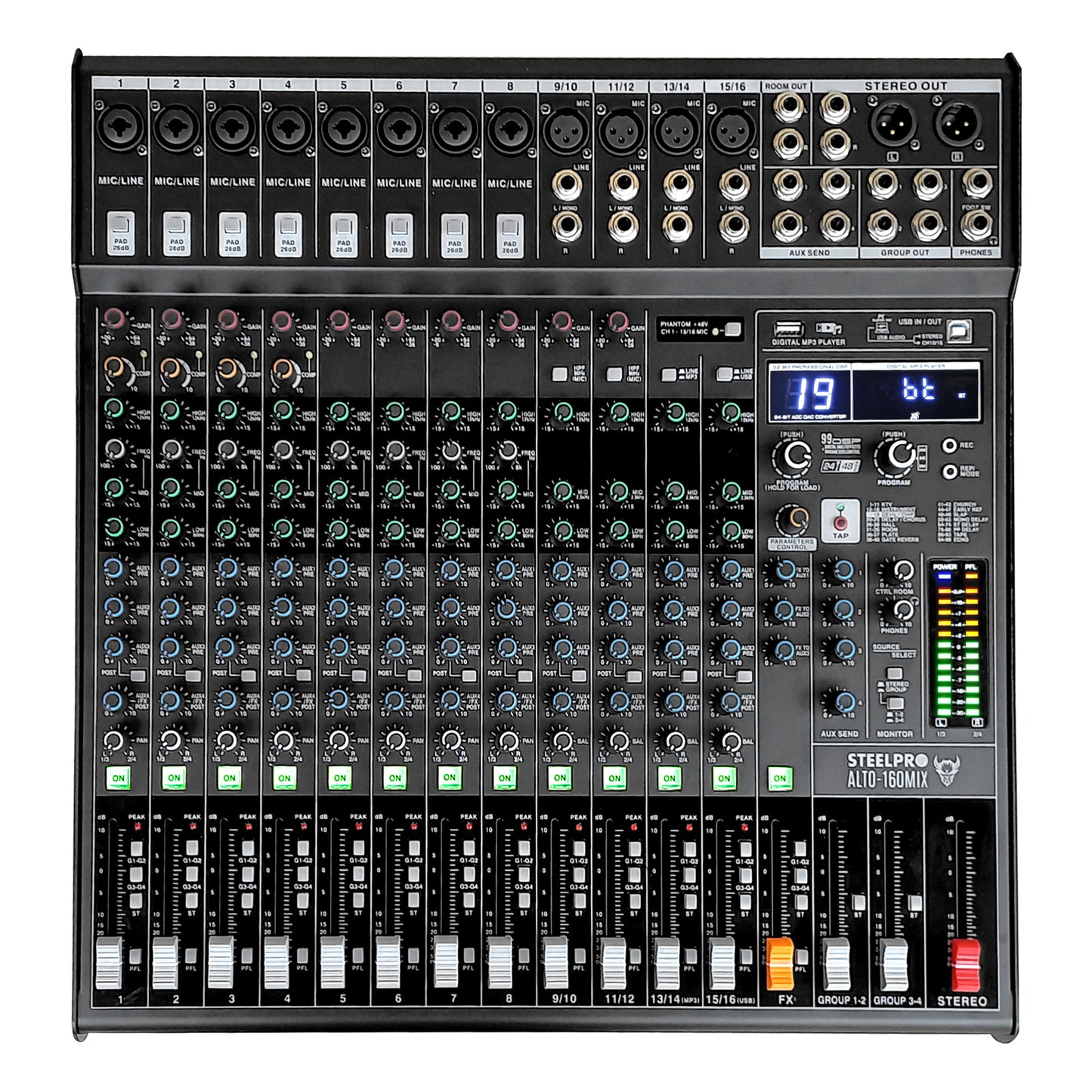 ALTO-160MIX Mezcladora Profesional 16 Canales Bluetooth USB MP3 DSP Conexión a PC 99 Efectos Ecualizador 3 Bandas Compresor PFL XLR Sonido En Vivo Steelpro