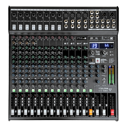 ALTO-160MIX Mezcladora Profesional 16 Canales Bluetooth USB MP3 DSP Conexión a PC 99 Efectos Ecualizador 3 Bandas Compresor PFL XLR Sonido En Vivo Steelpro