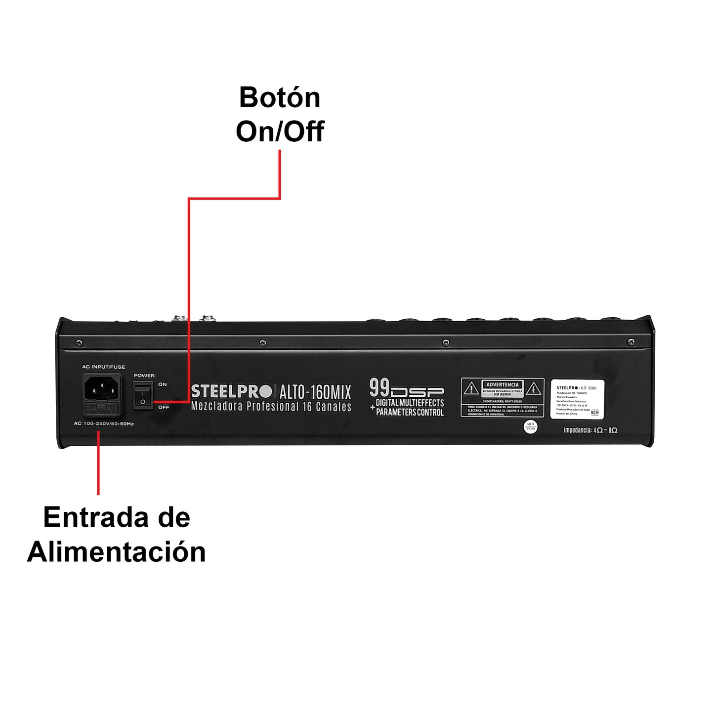 ALTO-160MIX Mezcladora Profesional 16 Canales Bluetooth USB MP3 DSP Conexión a PC 99 Efectos Ecualizador 3 Bandas Compresor PFL XLR Sonido En Vivo Steelpro