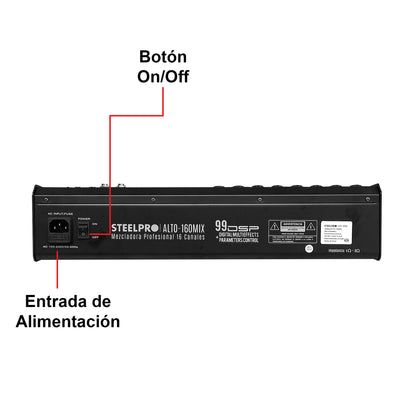 ALTO-160MIX Mezcladora Profesional 16 Canales Bluetooth USB MP3 DSP Conexión a PC 99 Efectos Ecualizador 3 Bandas Compresor PFL XLR Sonido En Vivo Steelpro
