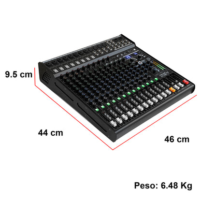 ALTO-160MIX Mezcladora Profesional 16 Canales Bluetooth USB MP3 DSP Conexión a PC 99 Efectos Ecualizador 3 Bandas Compresor PFL XLR Sonido En Vivo Steelpro
