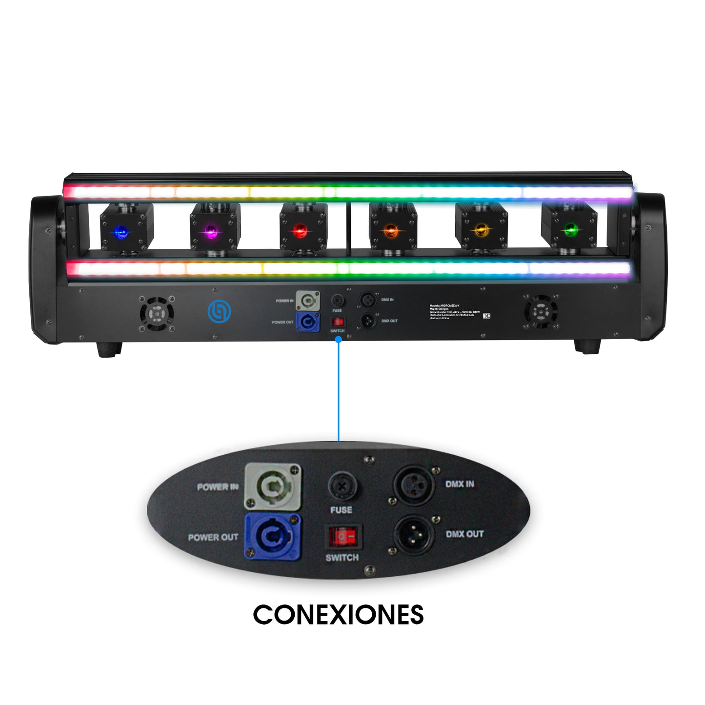 ANDRÓMEDA-X Barra Láser RGB 3 en 1 6×500mW con Tira SMD DMX Steelpro