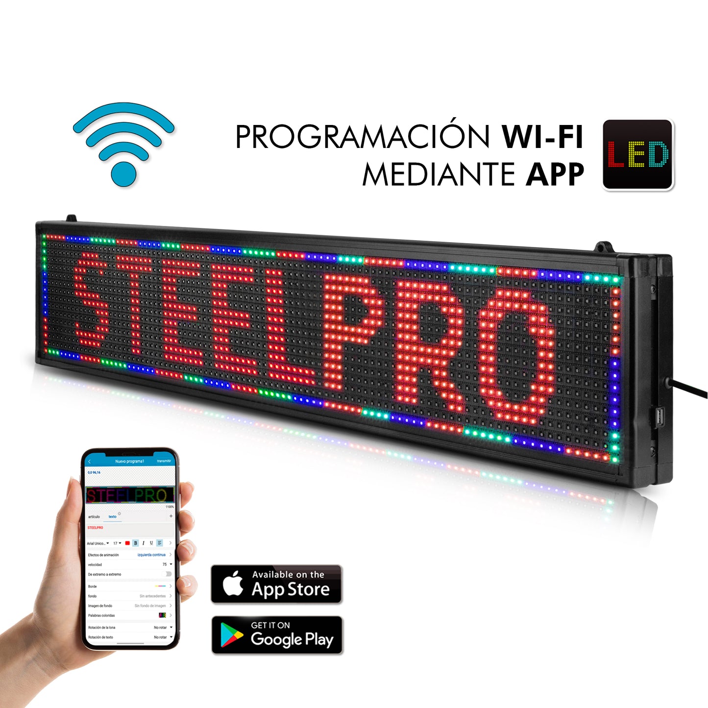 WF-ADV-FULL Letrero LED Programable RGB Full Color 100cm WiFi 16x96 LEDs 1536 LEDs 60 Efectos 3000 Caracteres Programación de Texto Publicidad Digital Pantalla LED para Negocio Steelpro