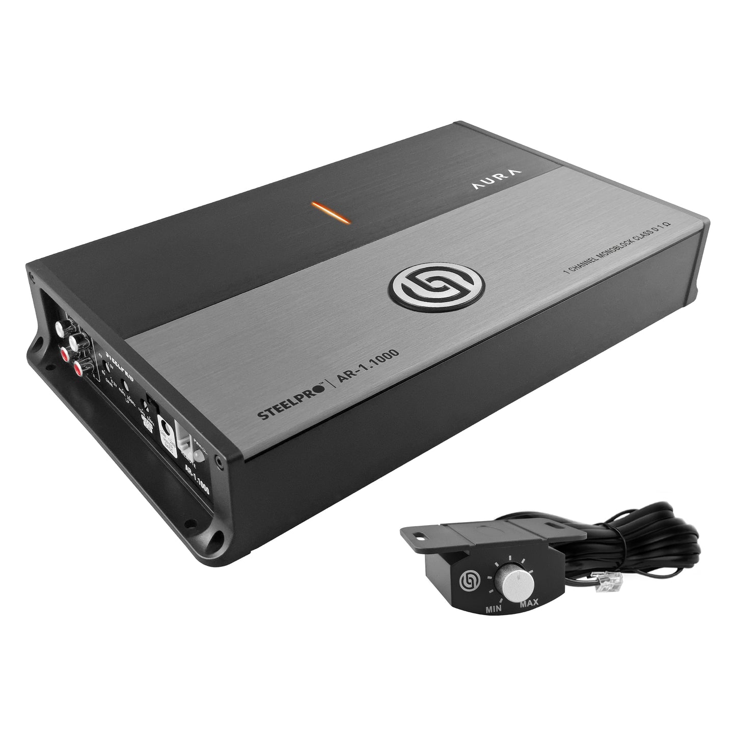 AR-1.1000 Amplificador Car Audio Monoblock Clase D 2500W Max 1200W RMS A 1 Ohm 600W RMS A 2 Ohms Crossover LPF Clean Sub 15-50Hz Hiper Bass 0-12dB Aura by Steelpro