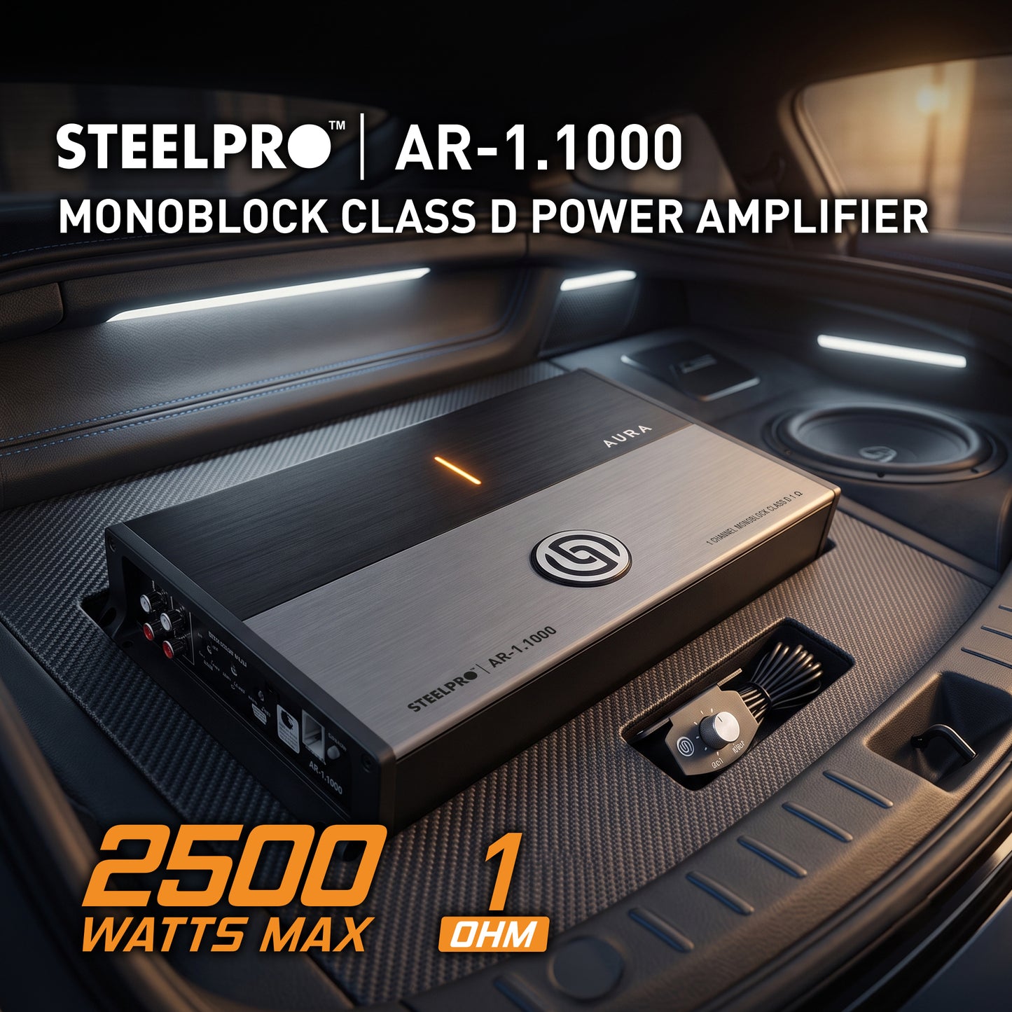 AR-1.1000 Amplificador Car Audio Monoblock Clase D 2500W Max 1200W RMS A 1 Ohm 600W RMS A 2 Ohms Crossover LPF Clean Sub 15-50Hz Hiper Bass 0-12dB Aura by Steelpro