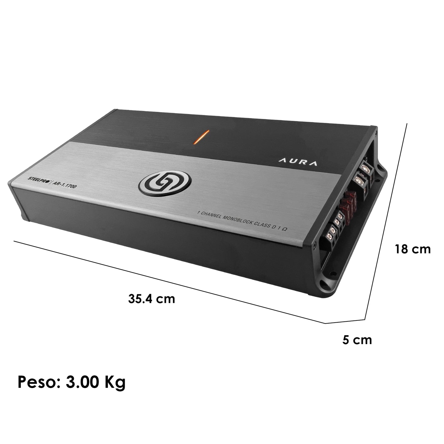 AR-1.1700 Amplificador Monoblock Clase D 3500W Máximo 1750W RMS 1 Ohm Car Audio Filtro LPF Clean Sub Bass Peak Hyper Bass Fase Variable 12V Steelpro