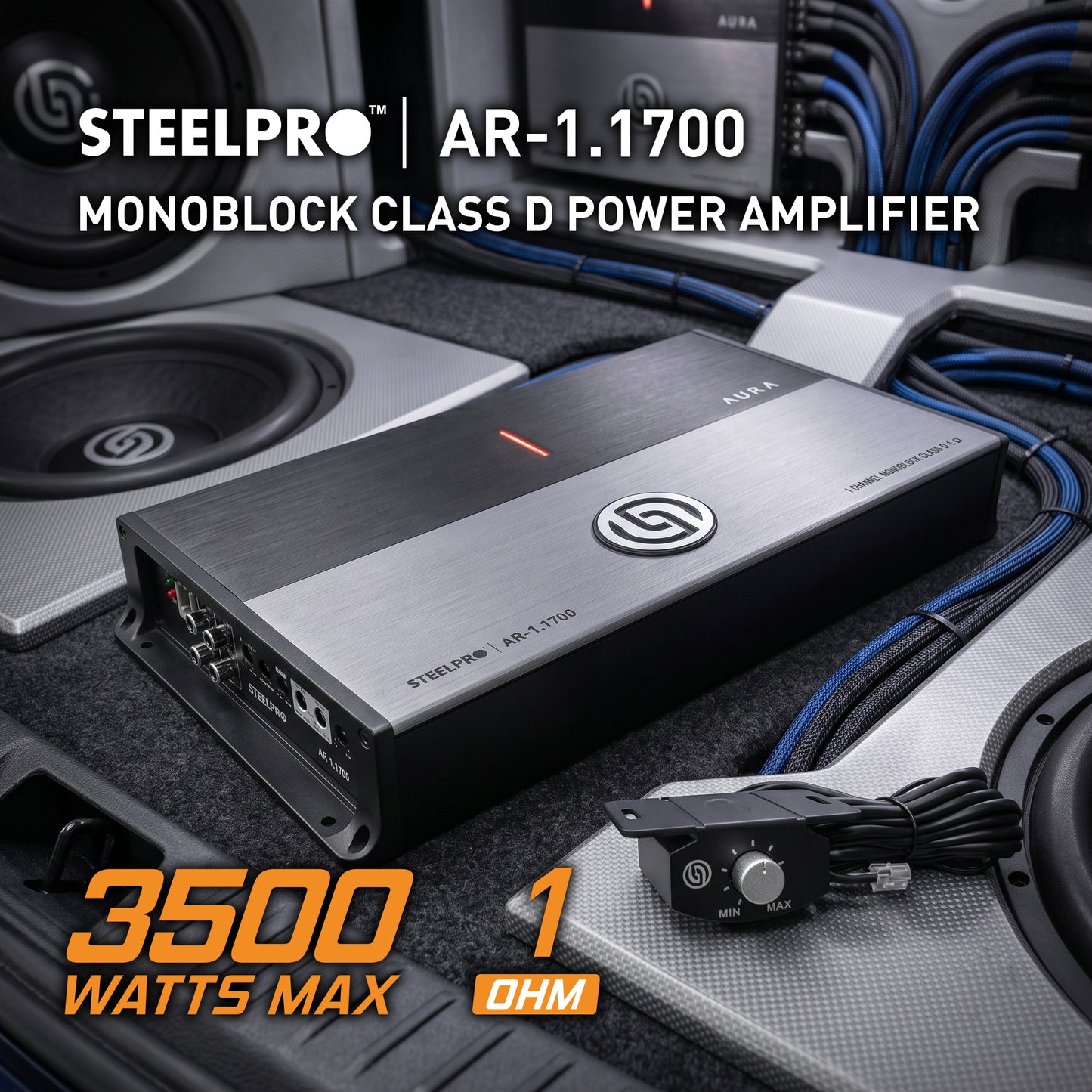 AR-1.1700 Amplificador Monoblock Clase D 3500W Máximo 1750W RMS 1 Ohm Car Audio Filtro LPF Clean Sub Bass Peak Hyper Bass Fase Variable 12V Steelpro