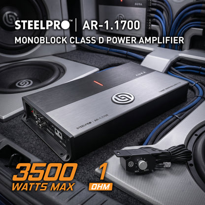 AR-1.1700 Amplificador Monoblock Clase D 3500W Máximo 1750W RMS 1 Ohm Car Audio Filtro LPF Clean Sub Bass Peak Hyper Bass Fase Variable 12V Steelpro