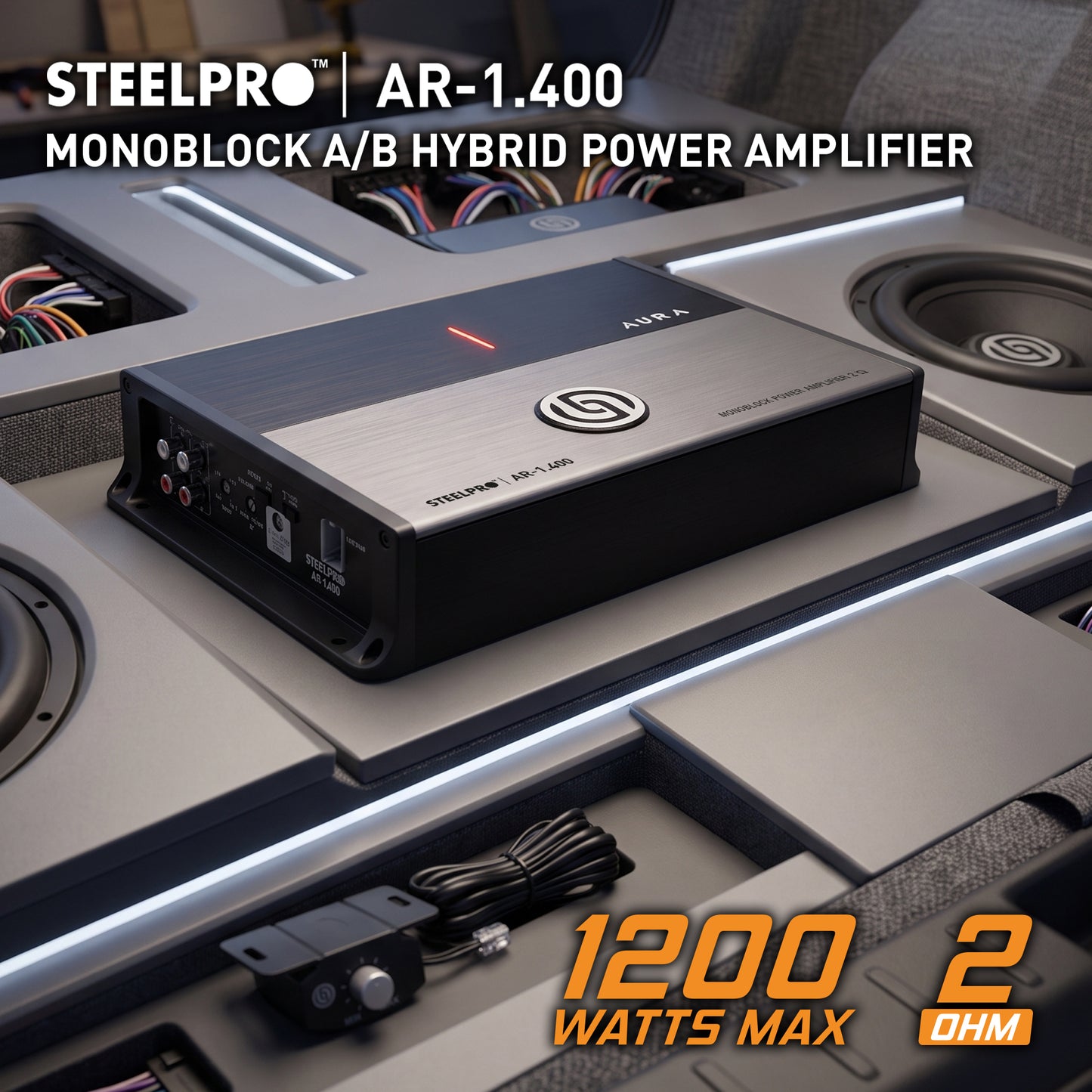 AR-1.400 Amplificador Car Audio Monoblock Hibrido Clase A/B 1200W Max 450W RMS A 2 Ohms 225W RMS A 4 Ohms Crossover LPF Hiper Bass 0-12dB Fase 0-180 Aura by Steelpro