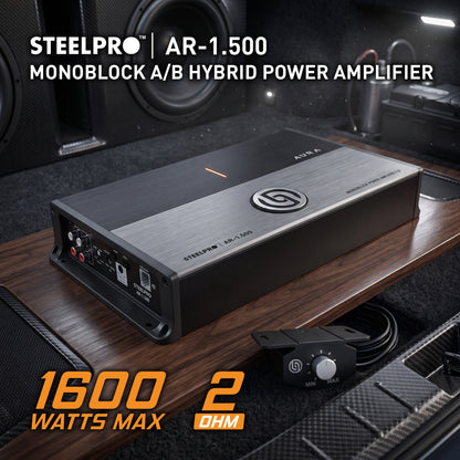 AR-1.500 Amplificador Car Audio Monoblock Hibrido Clase A/B 1600W Max 550W RMS A 2 Ohms 275W RMS A 4 Ohms Crossover LPF Hiper Bass 0-12dB Fase 0-180 Aura by Steelpro
