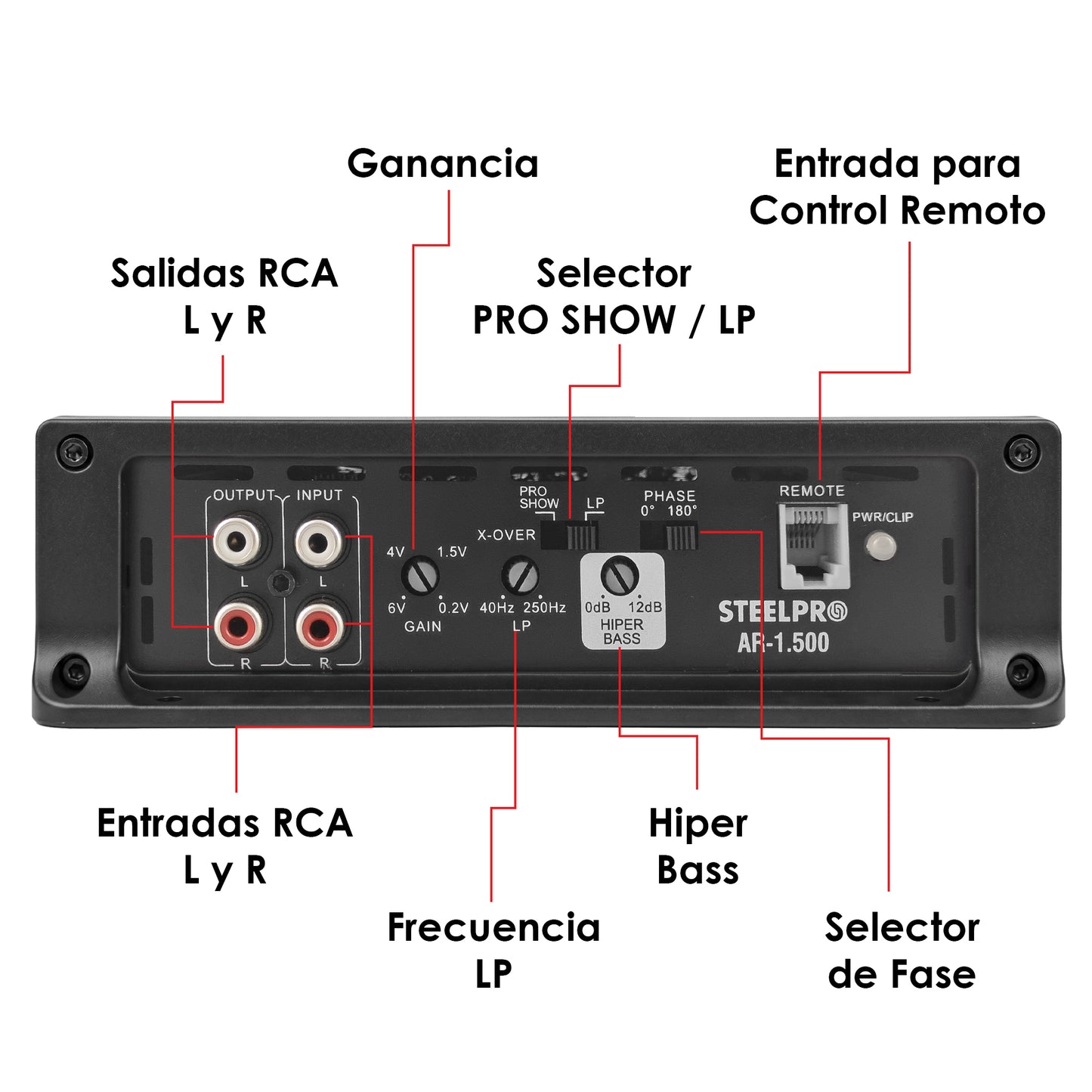 AR-1.500 Amplificador Car Audio Monoblock Hibrido Clase A/B 1600W Max 550W RMS A 2 Ohms 275W RMS A 4 Ohms Crossover LPF Hiper Bass 0-12dB Fase 0-180 Aura by Steelpro