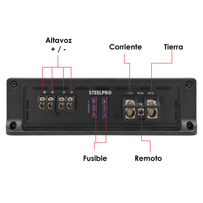 AR-1.700 Amplificador Monoblock Clase D 2000W Máximo 750W RMS 1 Ohm LPF Clean Sub Hyper Bass Fase Variable Car Audio Steelpro