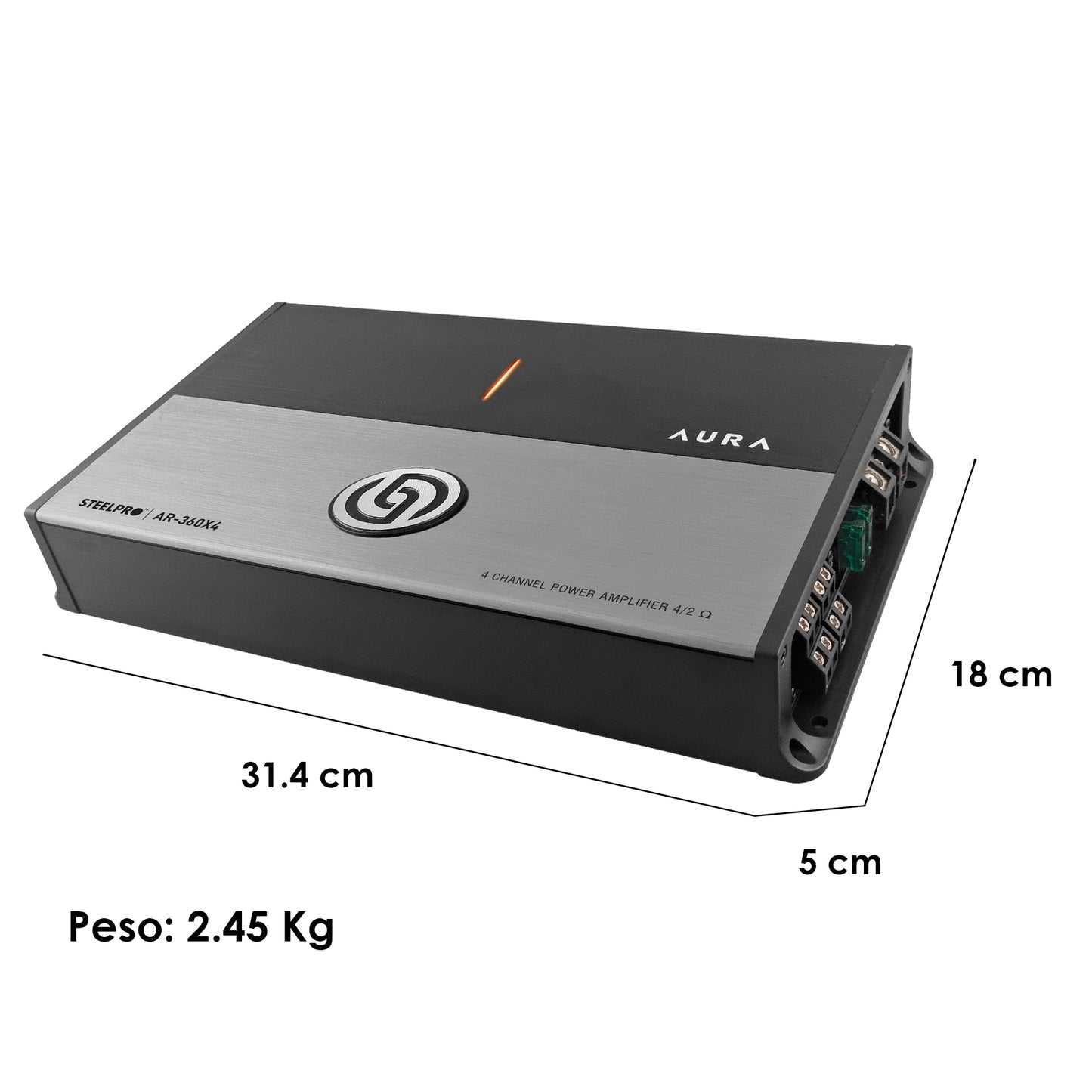AR-360X4 Amplificador 4 Canales Clase AB Car Audio 1200W Máximos 600W RMS Puente 300W x2 Filtros HPF LPF Hiper Bass 2 Ohms Steelpro