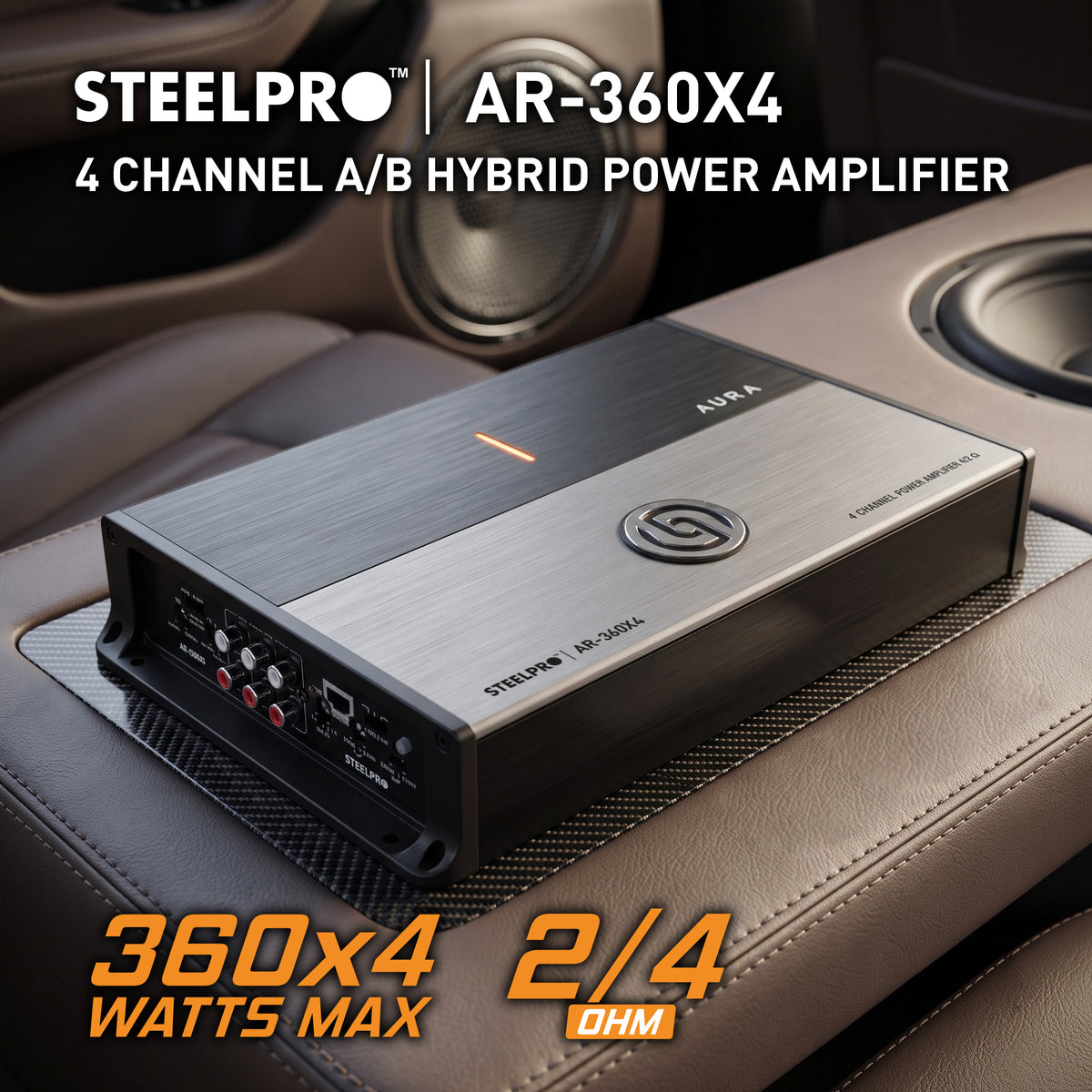 AR-360X4 Amplificador 4 Canales Clase AB Car Audio 1200W Máximos 600W RMS Puente 300W x2 Filtros HPF LPF Hiper Bass 2 Ohms Steelpro