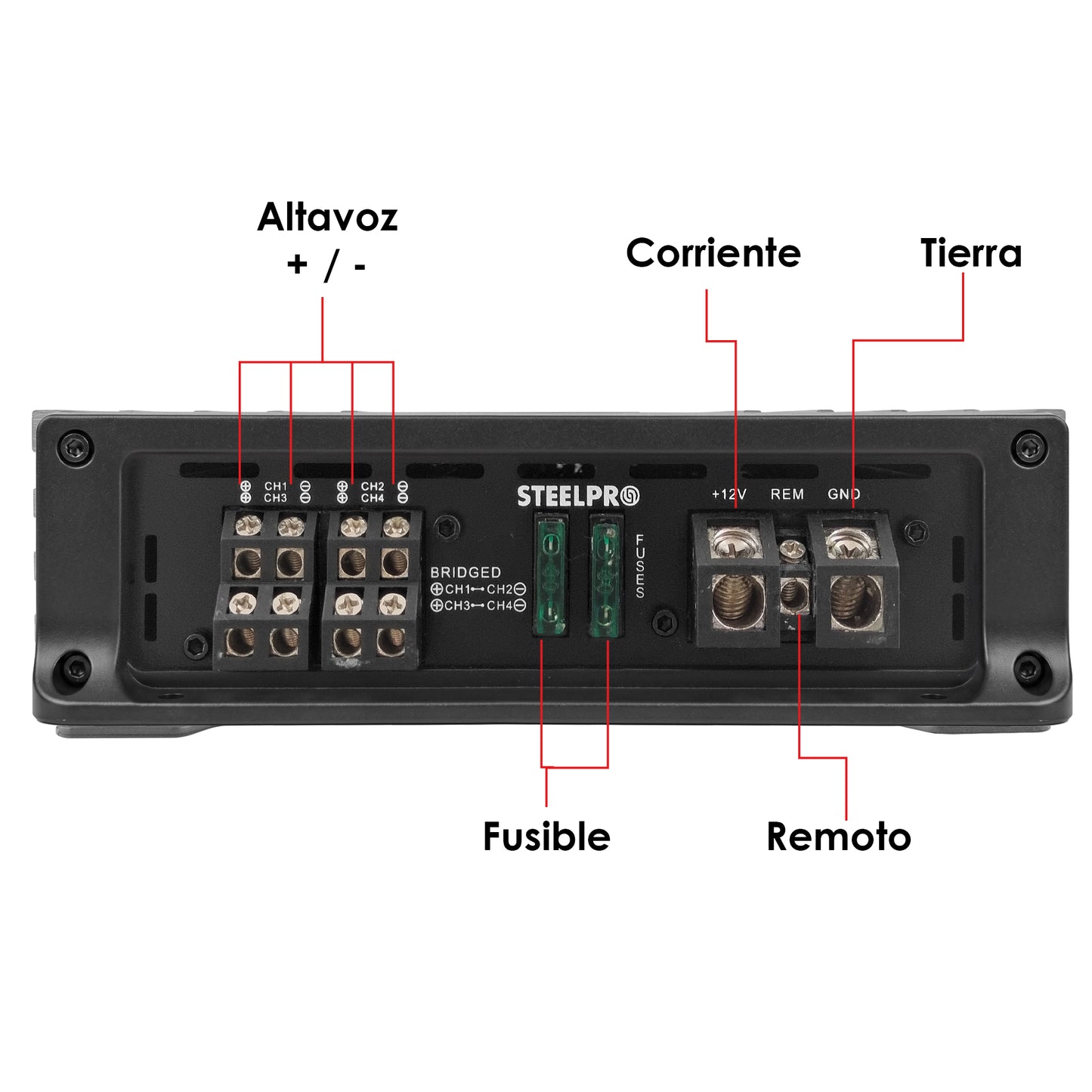 AR-360X4 Amplificador 4 Canales Clase AB Car Audio 1200W Máximos 600W RMS Puente 300W x2 Filtros HPF LPF Hiper Bass 2 Ohms Steelpro