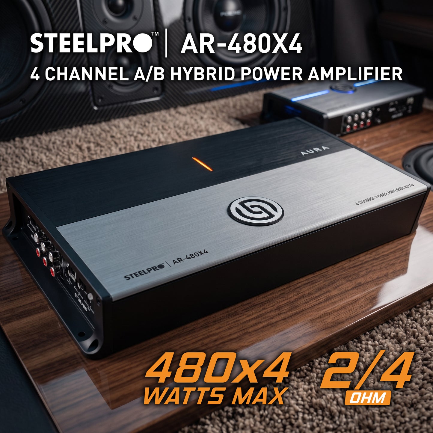 AR-480X4 Amplificador Car Audio 4 Canales Clase A/B Hibrido 1920W Max 4x200W RMS A 2 Ohms Puente 2x400W RMS Crossover HPF LPF Hiper Bass Estable A 2 Ohms Aura by Steelpro