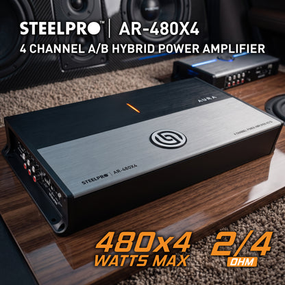 AR-480X4 Amplificador Car Audio 4 Canales Clase A/B Hibrido 1920W Max 4x200W RMS A 2 Ohms Puente 2x400W RMS Crossover HPF LPF Hiper Bass Estable A 2 Ohms Aura by Steelpro