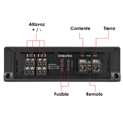 AR-480X4 Amplificador Car Audio 4 Canales Clase A/B Hibrido 1920W Max 4x200W RMS A 2 Ohms Puente 2x400W RMS Crossover HPF LPF Hiper Bass Estable A 2 Ohms Aura by Steelpro