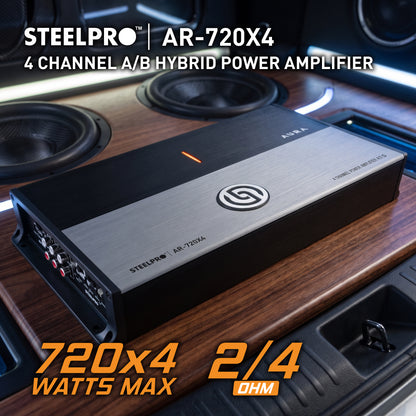 AR-720X4 Amplificador Car Audio Hibrido 4 Canales Clase A/B 2880W Max 4x300W RMS A 2 Ohms Puente 2x600W RMS Crossover HPF LPF Hiper Bass Estable A 2 Ohms Aura by Steelpro