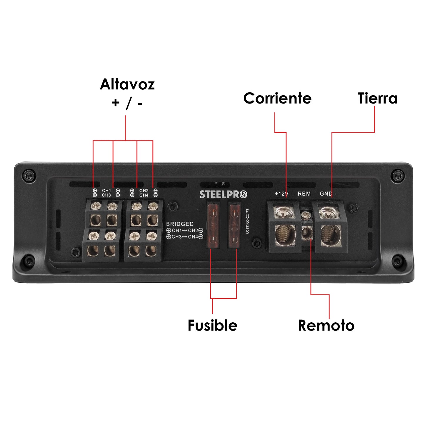 AR-720X4 Amplificador Car Audio Hibrido 4 Canales Clase A/B 2880W Max 4x300W RMS A 2 Ohms Puente 2x600W RMS Crossover HPF LPF Hiper Bass Estable A 2 Ohms Aura by Steelpro
