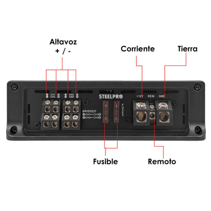 AR-720X4 Amplificador Car Audio Hibrido 4 Canales Clase A/B 2880W Max 4x300W RMS A 2 Ohms Puente 2x600W RMS Crossover HPF LPF Hiper Bass Estable A 2 Ohms Aura by Steelpro