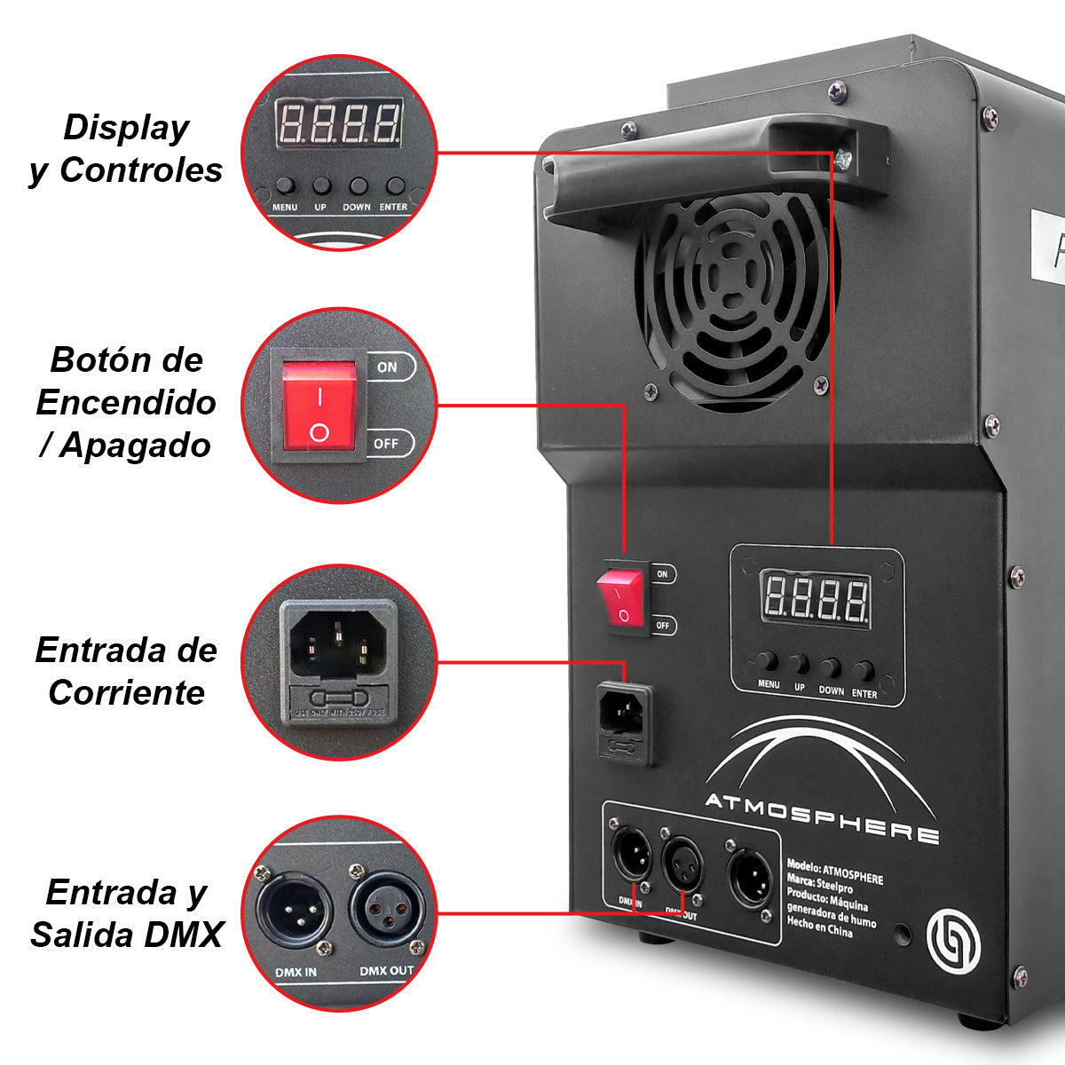ATMOSPHERE Máquina De Humo 1500W Tiro Vertical Horizontal 24 LED RGB DMX512 Tanque 2L Control Inalámbrico Para DJ Eventos Steelpro