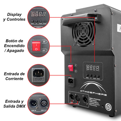 ATMOSPHERE Máquina De Humo 1500W Tiro Vertical Horizontal 24 LED RGB DMX512 Tanque 2L Control Inalámbrico Para DJ Eventos Steelpro