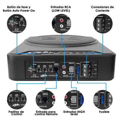 Subwoofer Bajos Doble Amplificado 10 Pulg Activo + Pasivo Para Auto/Camioneta 700W RMS /1700W MAX , Control tablero , Crossover/ Bass Bost / Amplificador Mosfet Integrado / Bajo Profundo Axel Steelpro