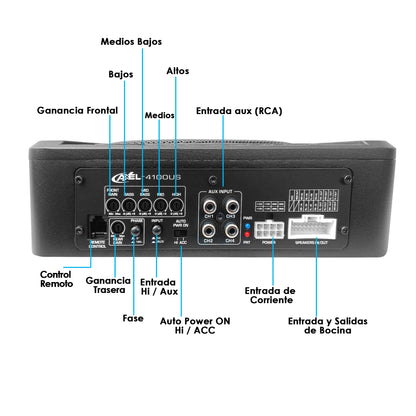 AXEL-4100US Subwoofer amplificado de 10 Pulgadas con 5 ch de Rango Completo, Cuerpo de metal para Máxima resistencia RMS 4x200W + 1x400W watts / MAX 4x300W + 1x800W / Control remoto con 4 funciones