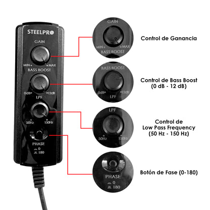 AXEL-4100US Subwoofer amplificado de 10 Pulgadas con 5 ch de Rango Completo, Cuerpo de metal para Máxima resistencia RMS 4x200W + 1x400W watts / MAX 4x300W + 1x800W / Control remoto con 4 funciones
